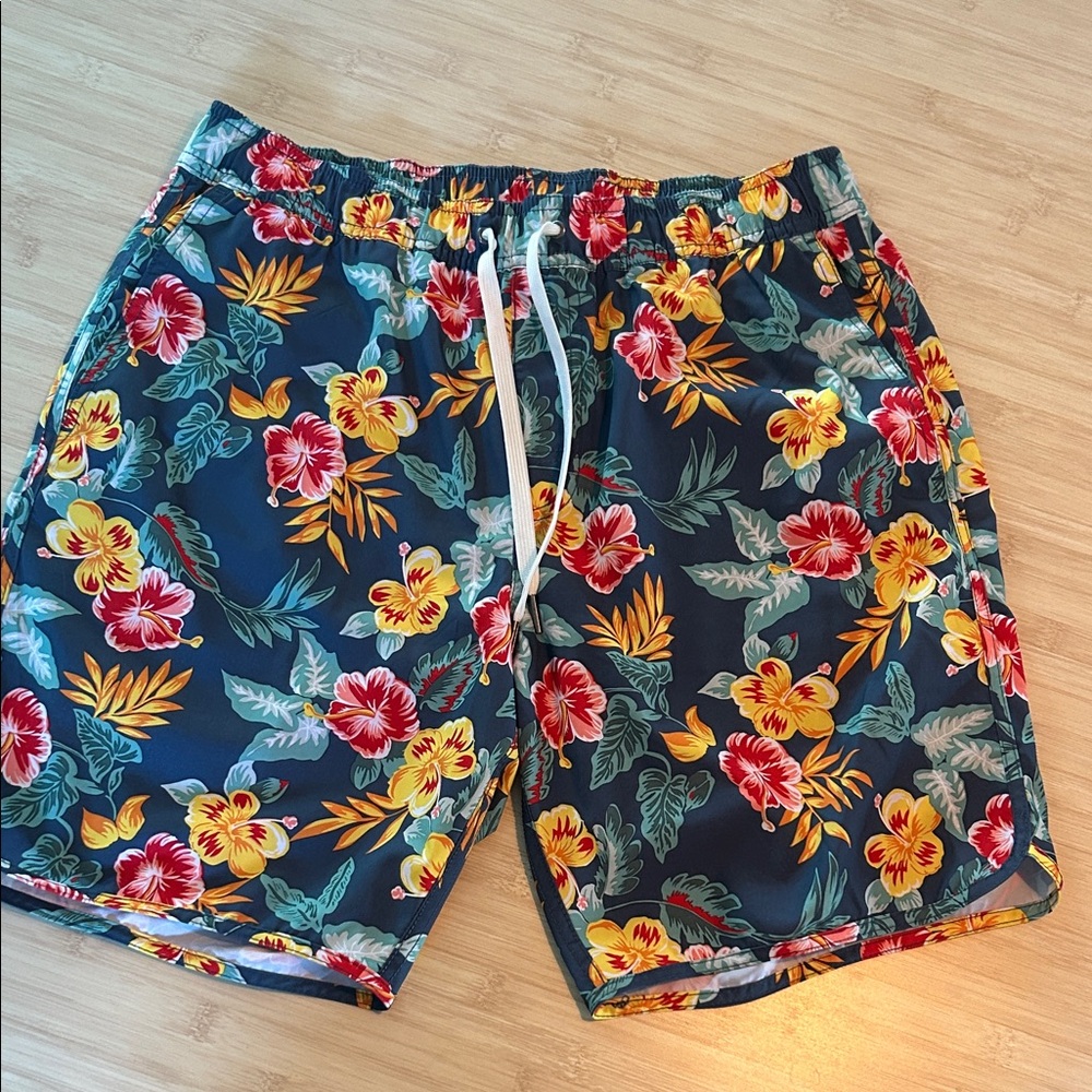 Fair Harbor Navy Floral Swim Trunks with Red & Yellow Blooms